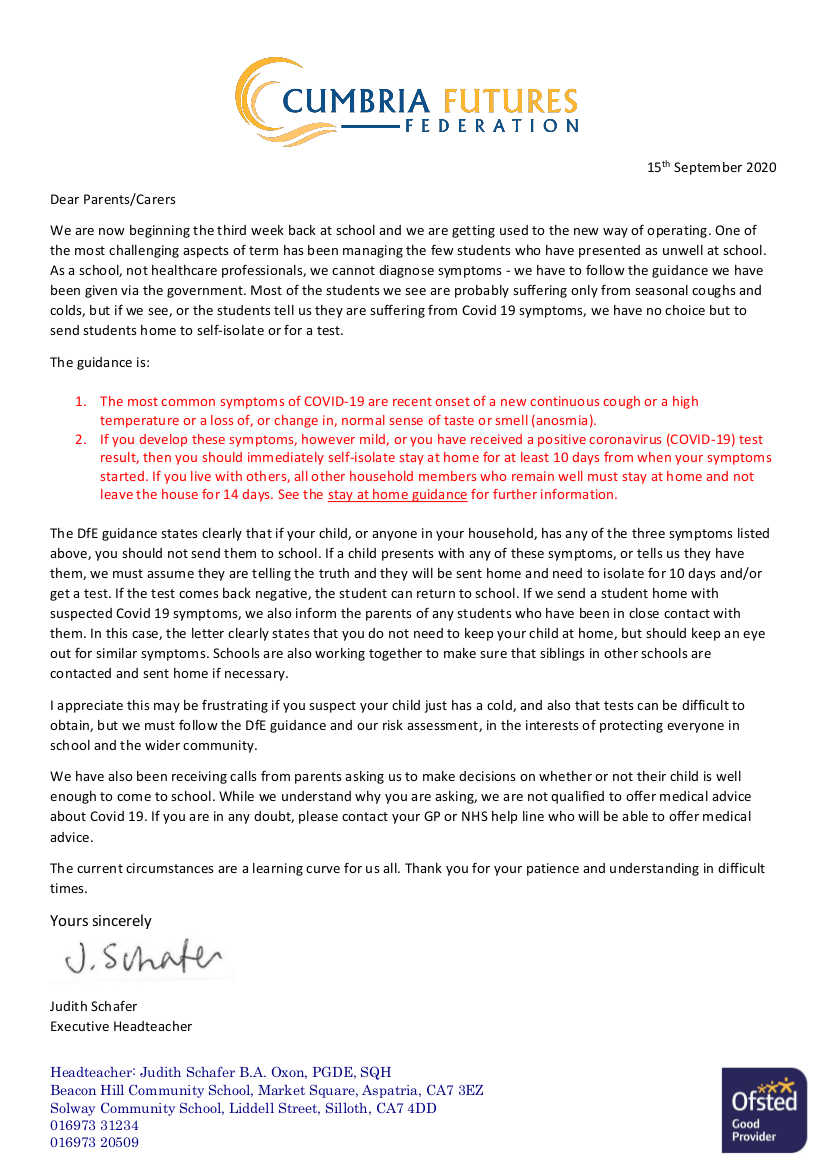 Letter to parents 15 Sept 2020